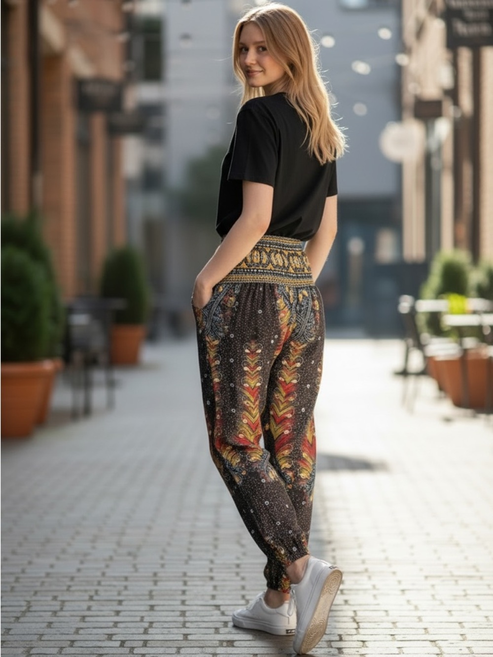 Smocked Waist Multicolor Feather-Print Harem Joggers - Gray/Yellow/Red